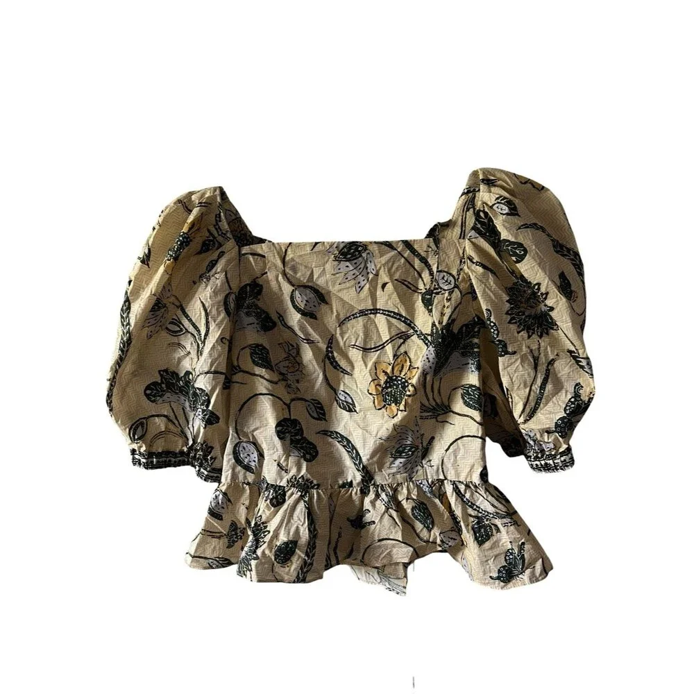 Ulla Johnson Carlotta Floral Cotton Peplum Top Puff Sleeve Lace Up Back Cottage